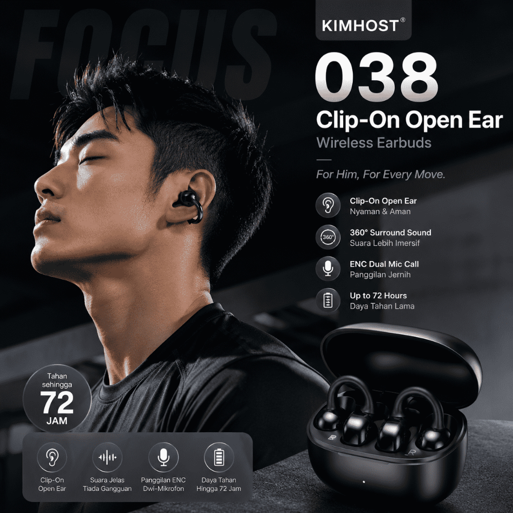 Kimhost 038 Fon Telinga Bluetooth 5.4 หูฟังไร้สายแบบเปิดหู ENC HD Call HiFi สเตอริโอ 72 Jam Hayat Ba