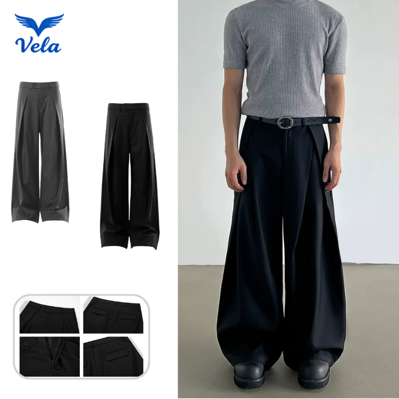 Vela กางเกงสูทผู้ชายสีดํา  ผ้าริ้ว ขากระบอกใหญ่ทรงเอวสูง กว้าง ไซส์ M-3XL