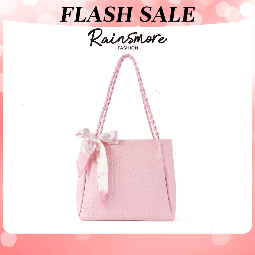 RAINSMORE-Ribbon Bow Tote Bag Design Feel ทอสายคล้องไหล่กระเป๋าเดินทางความจุขนาดใหญ่กระเป๋าช้อปปิ้งกระเป๋าสะพายสุภาพสตรี