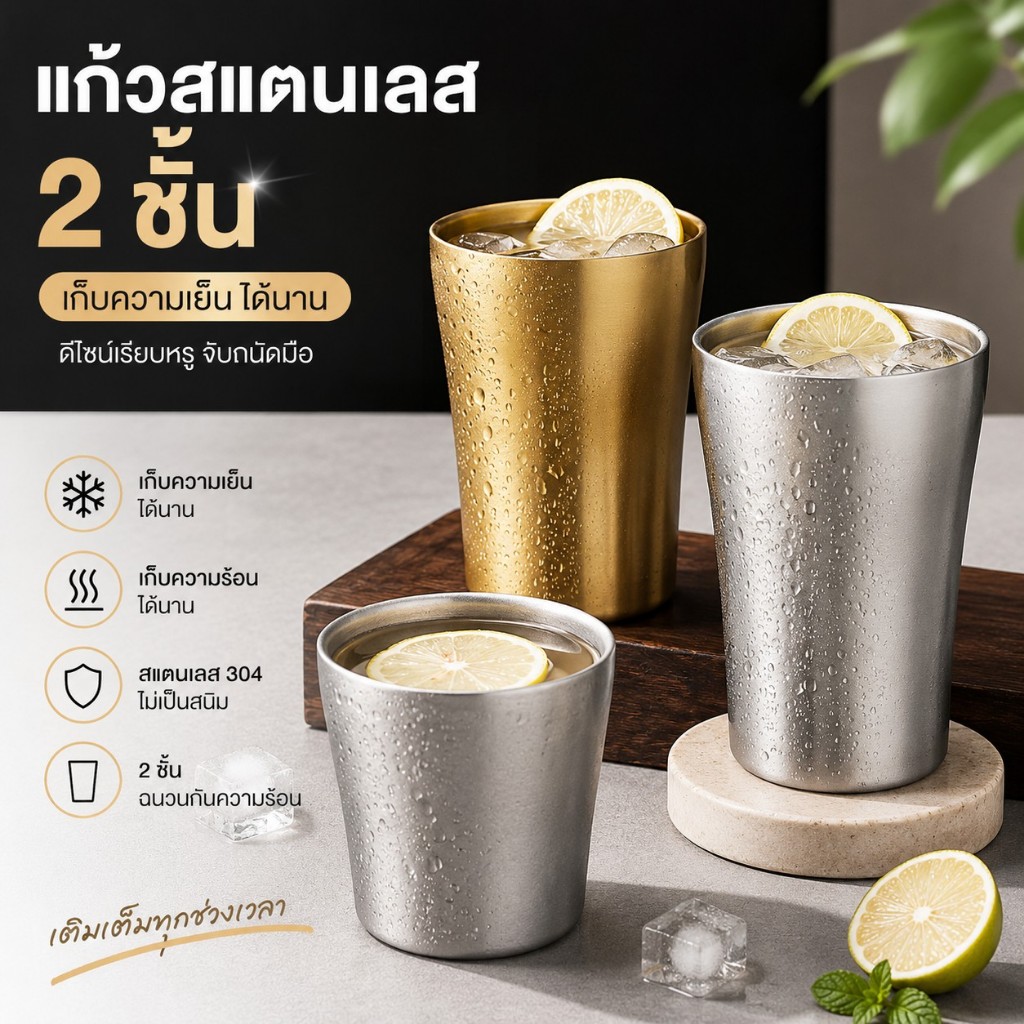 ส่งจากไทย แก้วสแตนเลส 2 ชั้น ทรงเอวคอด สีทอง/สีเงิน กันความร้อน ทนทาน กันกระแทก ใช้งานได้หลากหลาย