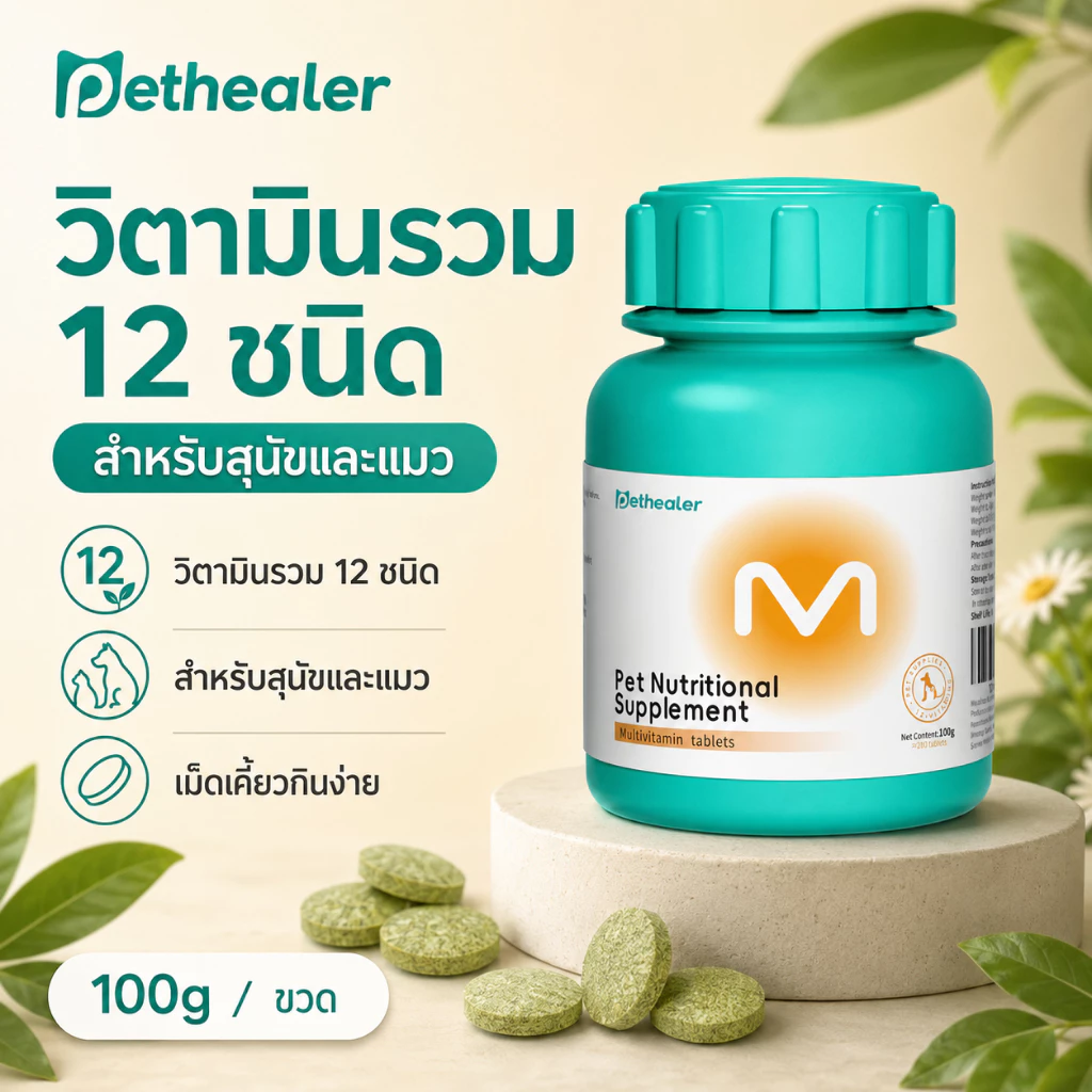 Pethealer ขนมสัตว์เลี้ยง 100g เม็ดเคี้ยวเสริมโภชนาการ วิตามิน 12 ชนิด สำหรับดูแลสุขภาพประจำวัน