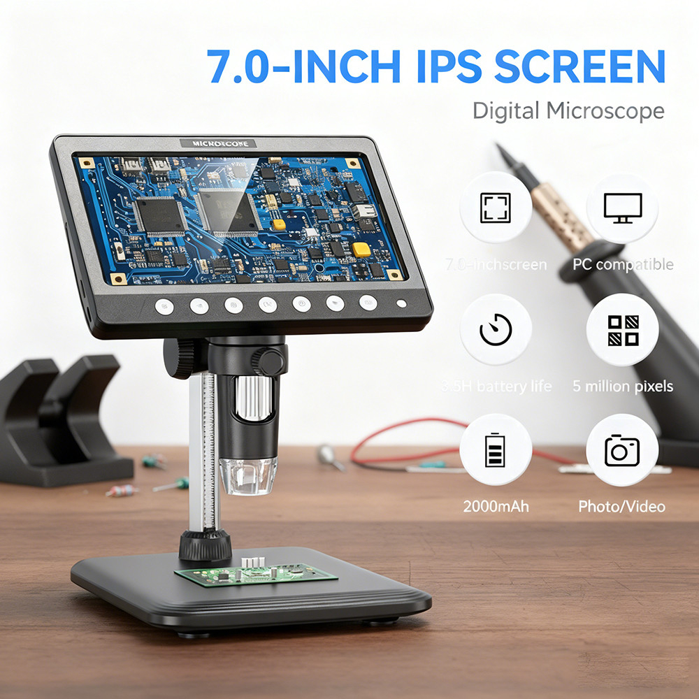 7 "กล้องจุลทรรศน์เหรียญ LCD 50X-1200X แว่นขยาย 5MP HD กล้องจุลทรรศน์ดิจิตอล 8 ไฟ LED ซ่อมอิเล็กทรอนิกส์ขาย PC ดูอุปกรณ์