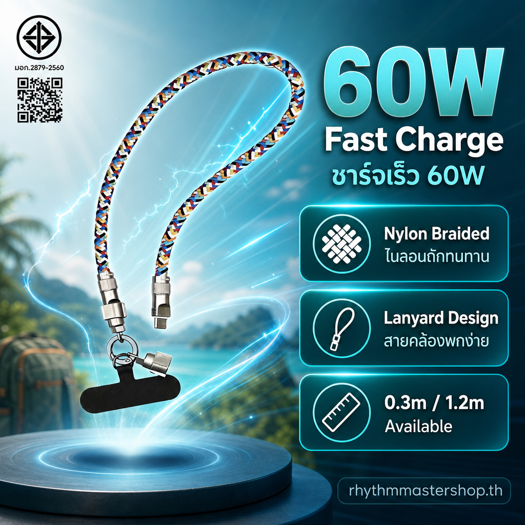 LUOBR สายชาร์จคล้องคอมือถือ 60W Type C / ip ไนลอนถักโลหะผสม แข็งแรง มีให้เลือก 0.3m 1.2m เหมาะพกพาเด
