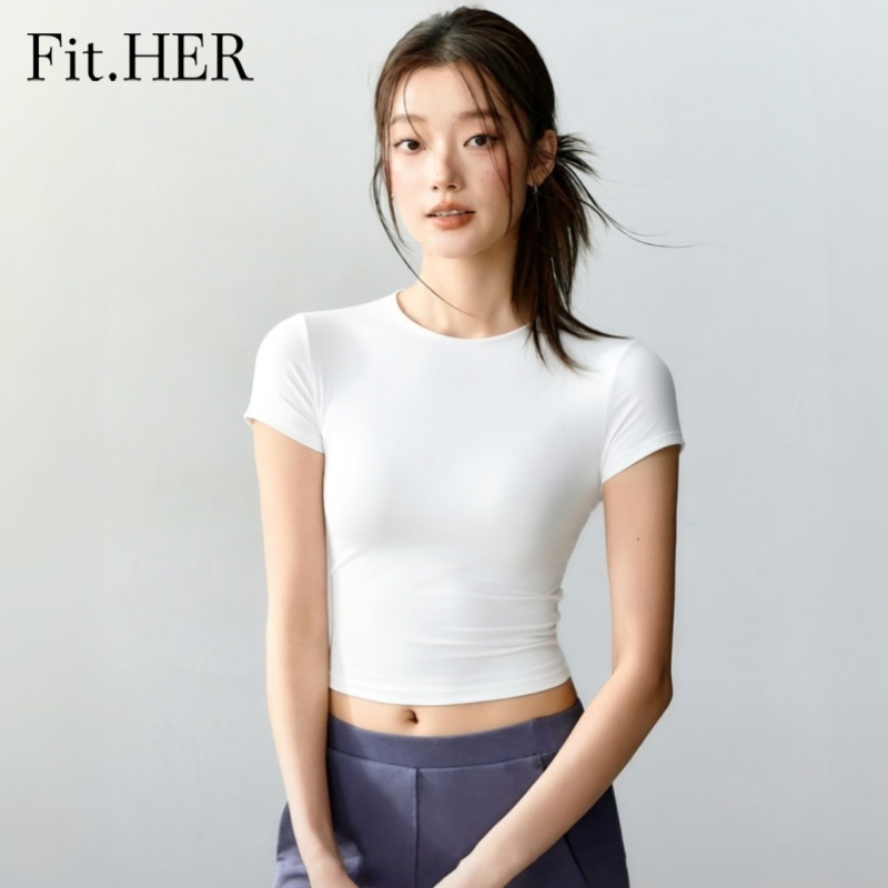 Fit HER เสื้อยืดโยคะแห้งเร็วแขนสั้นคอลูกเรือออกกําลังกายยิมท็อปสลิมฟิตวิ่งกีฬาTee