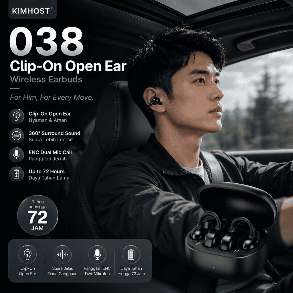 Kimhost 038 Fon Telinga Bluetooth 5.4 หูฟังไร้สายแบบเปิดหู ENC HD Call HiFi สเตอริโอ 72 Jam Hayat Ba