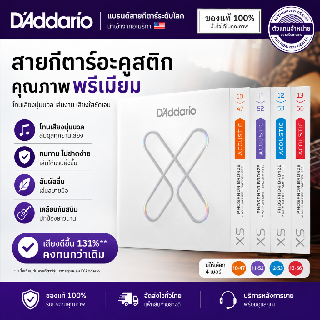 สายกีตาร์โปร่ง D‘Addario XS Phosphor Bronze อายุการใช้งานยาวนาน เคลือบบางพิเศษ กันสนิม (10-47 / 11-52 / 12-53 / 13-56)