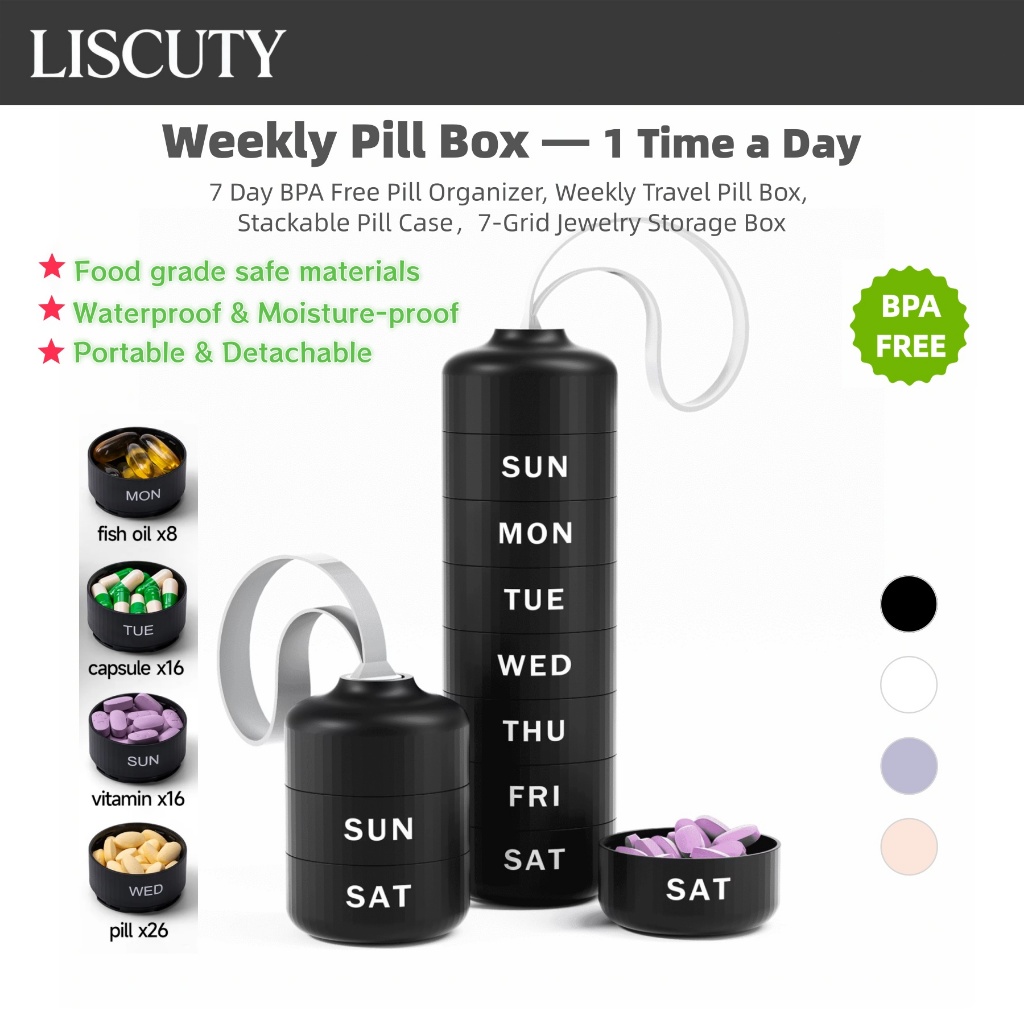 7 วัน BPA Free Pill Organizer, Weekly Travel Pill Box 1 ครั้งต่อวัน, ตลับยาวางซ้อนกันได้,A-175