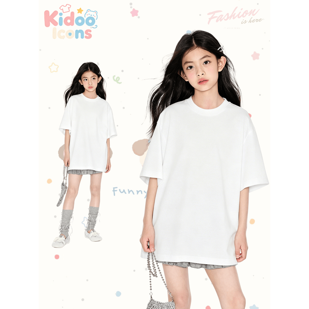 KIDOO ICONS เสื้อยืดเด็กคอกลมผ้าฝ้าย 100% สีพื้น น่ารัก แขนสั้น สไตล์เกาหลี#A01