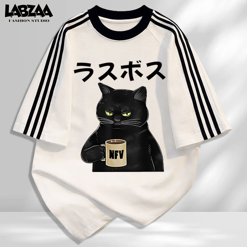 พร้อมส่ง  ทรงโอเวอร์ไซส์ เสื้อยืด ใส่ได้ทั้งชายหญิง เสื้อ ผ้าฝ้ายแท้100% ลายแมวดำ คอกลม แขนสั้นYG1184