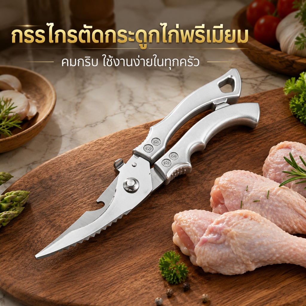 กรรไกรตัดกระดูกไก่ 3มม. ปลดล็อกได้ เปิดขวดได้ | ตัดปีกไก่ หัวหมู ตัดกระดูดเป๊าะๆ แรงดีดกลับไม่เมื่อย