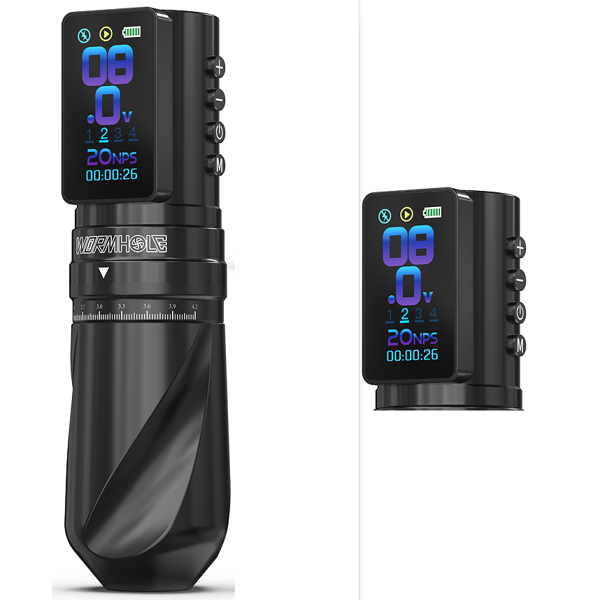 Wormhole Tattoo Gun เครื่องสักไร้สาย 7 จังหวะปรับได้ 2,300mAh แบตเตอรี่ปกติ/กระโดด-Start/Dot โหมดการทํางาน