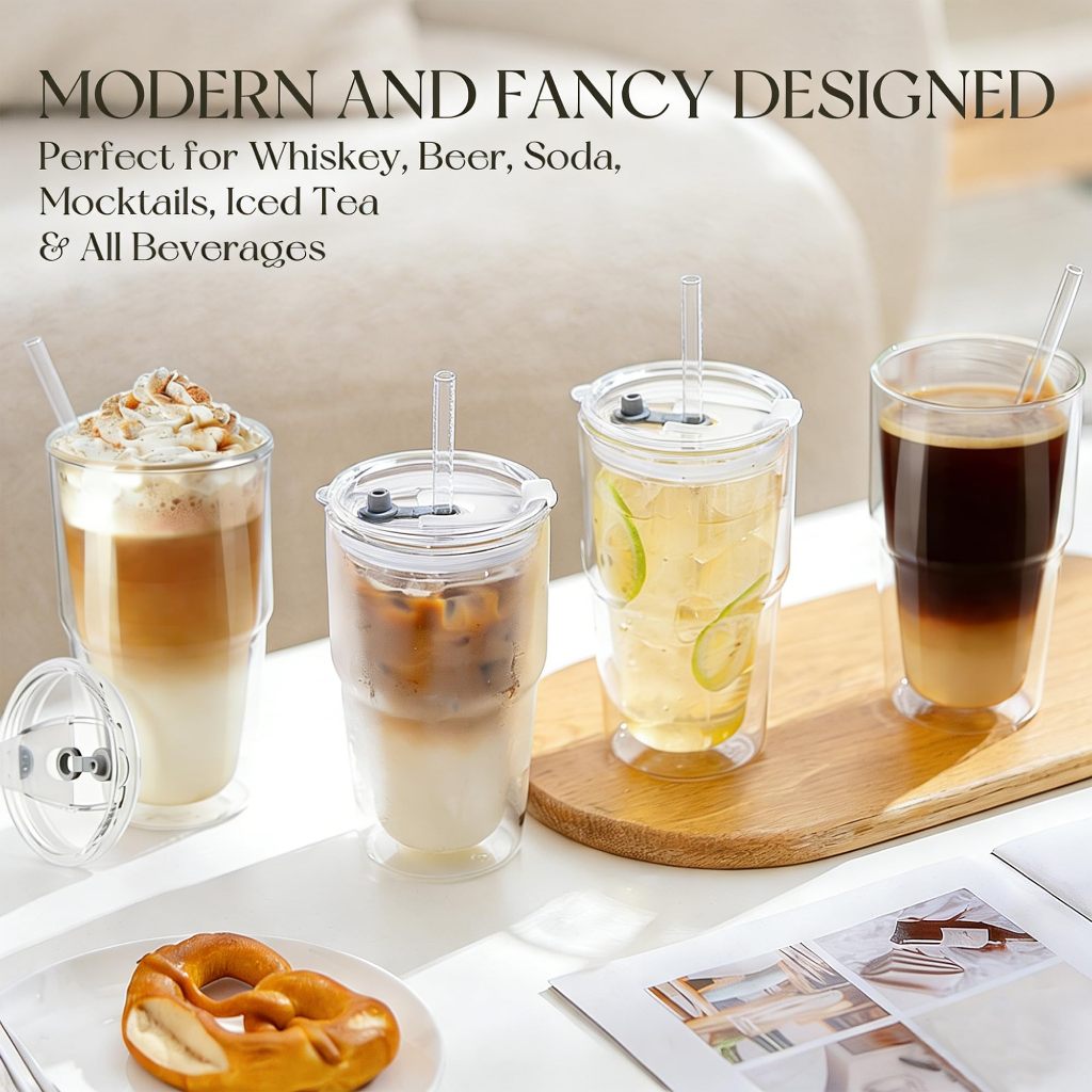 แก้วน้ําแก้ว Borosilicate Double Wall 2 ชิ้นพร้อมฝาปิดและหลอด, ถ้วยกาแฟเย็นฉนวน 16 ออนซ์, สมูทตี้แบบใช้ซ้ําได้และน้ําดื่ม Boba, เครื่องล้างจานปลอดภัย