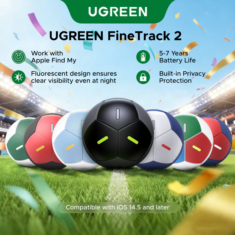 UGREEN อุปกรณ์ติดตามตำแหน่ง FineTrack การออกแบบฟุตบอล Anti Lost Bluetooth5.0 Finder IP68 กันน้ํา Locator รองรับระบบ iOS/Android สำหรับ iPhone 17 16