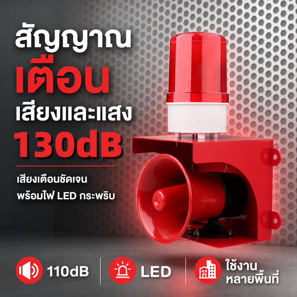 130dB ไซเรนอุตสาหกรรม เสียงเตือนแตรกันน้ําฉุกเฉิน Strobe ไฟเตือน 220V สำหรับฟาร์มไก่/คลังสินค้า/ท่าเรือ/โรงเรียน/สถานที่