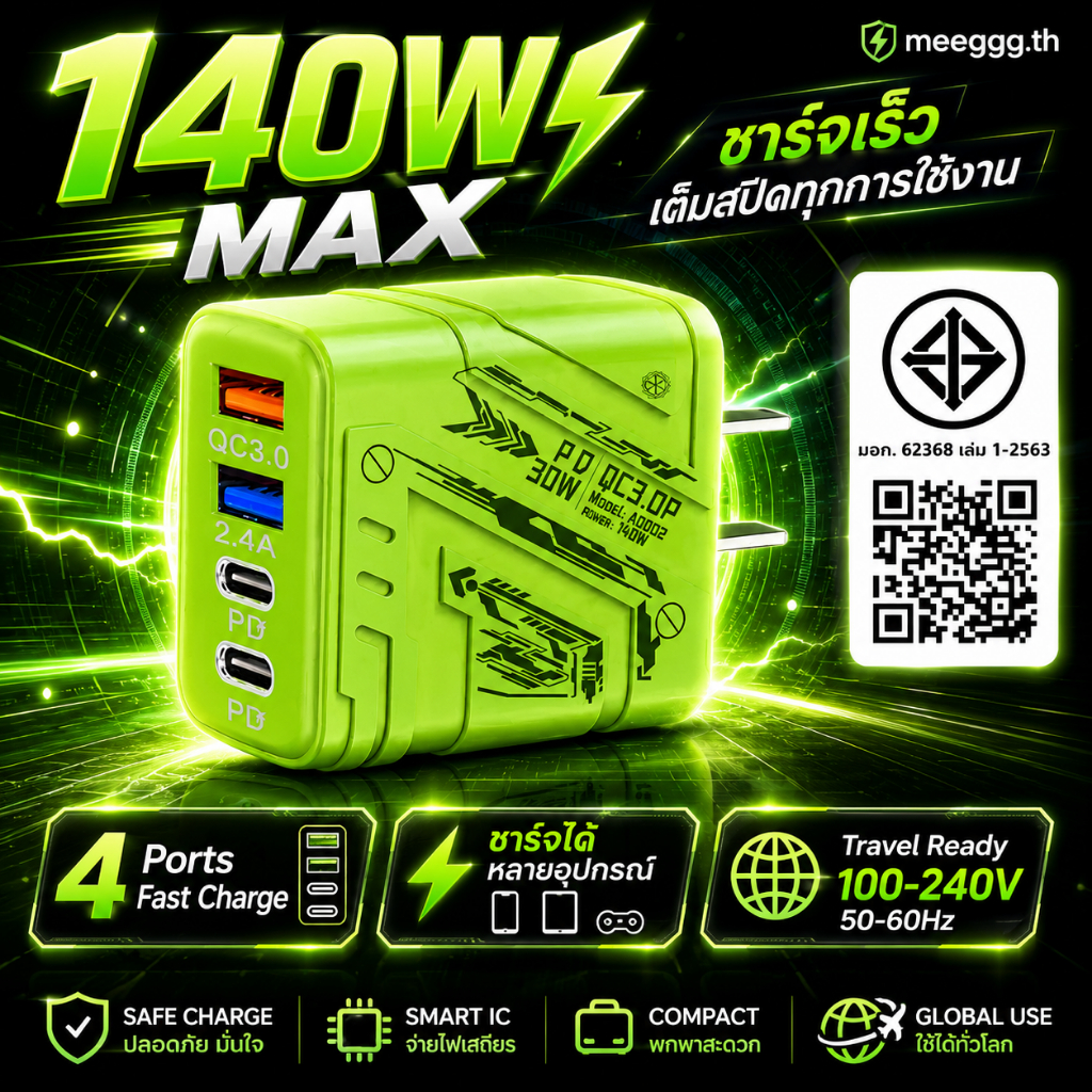 ที่ชาร์จเร็ว 140W PD USB Type-C บล็อกชาร์จมัลติพอร์ต 2USB-A+2PD รองรับโทรศัพท์และแท็บเล็ตรุ่นต่างๆ ปลั๊ก EU/US พกพาสะดวก เหมาะใช้ที่บ้าน ออฟฟิศ และพกไปเที่ยว