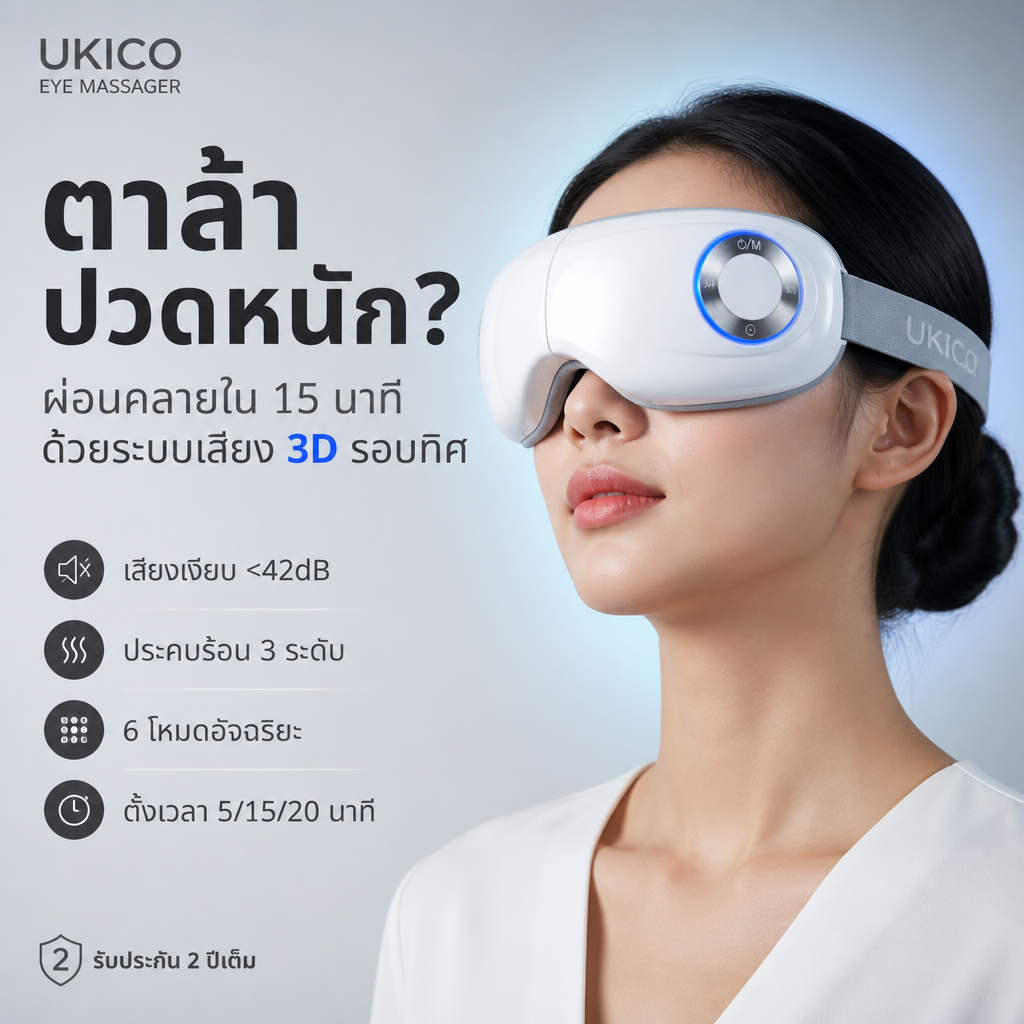 UKICO เครื่องนวดตาไฟฟ้า 6 โหมด ประคบร้อน แรงดันอากาศ Bluetooth สำหรับผ่อนคลายสายตา