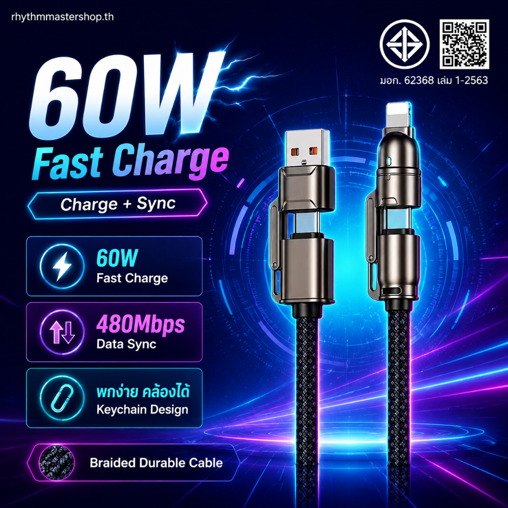 สายชาร์จ Type C to Type C / Type C to iOS PD60W/27W 5A ถ่ายโอนข้อมูล 480Mbps สายถักโลหะ ทนทาน แบบสาย
