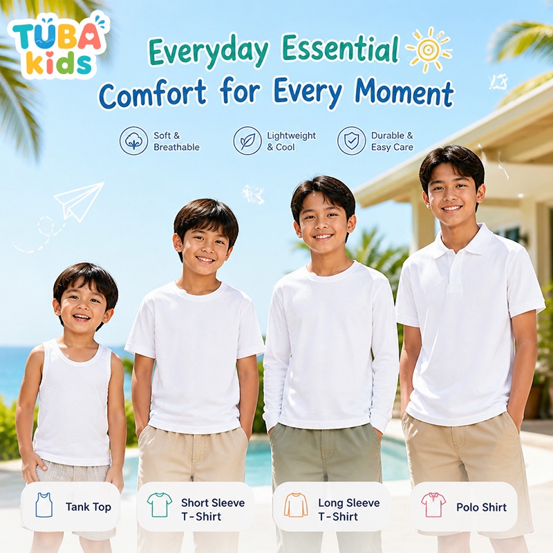 【ส่งด่วน】 เสื้อโปโลเด็กสีขาวบริสุทธิ์แขนสั้น ผ้าระบายอากาศดี เครื่องแบบโรงเรียน เด็กชาย #TUBA Kids
