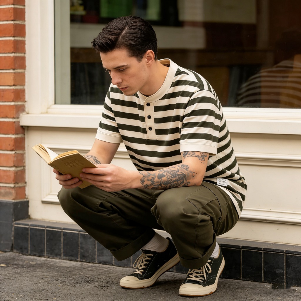 OKONKWO 2024 ผู้ชายคุณภาพสูง Casual Vintage รถจักรยานยนต์ Amikaki Stripe Henry คอ 240g เสื้อยืด Deck Sea Soul เสื้อ Henry เสื้อ TEE