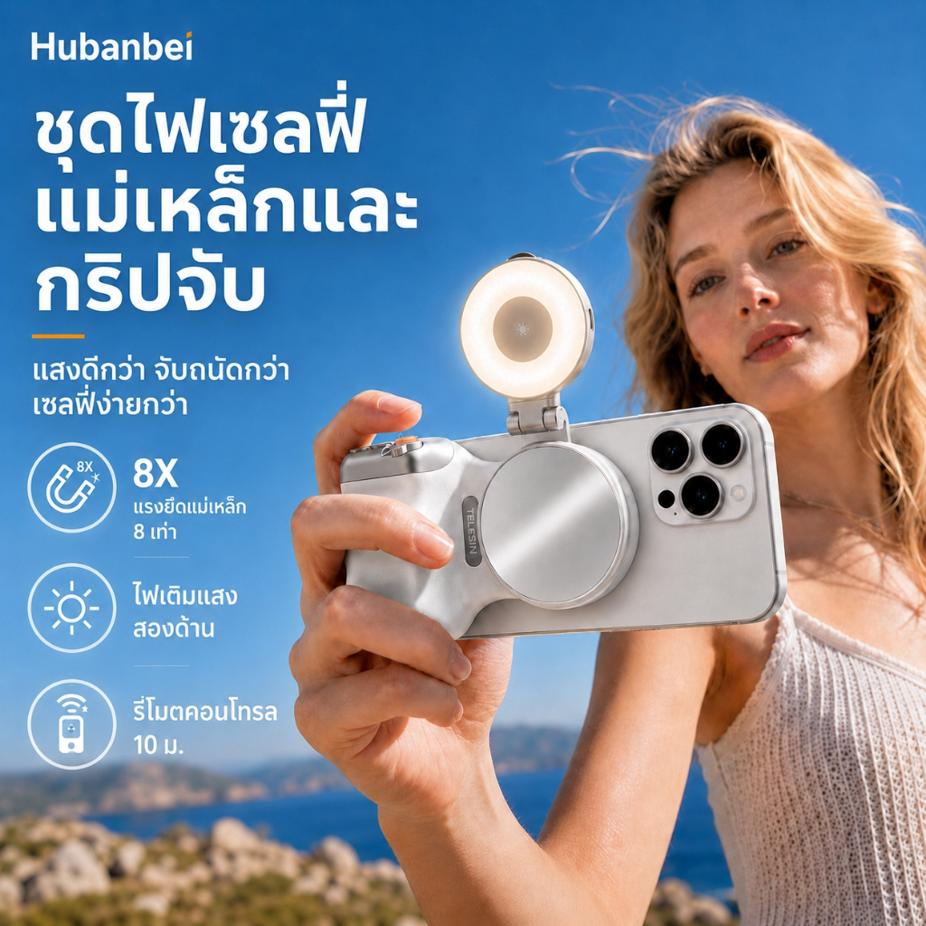 Magnetic Selfie Light & Phone Camera Grip Kit, ไฟวงแหวน LED ชาร์จได้, ปุ่มชัตเตอร์ไร้สาย, รองรับ Mag