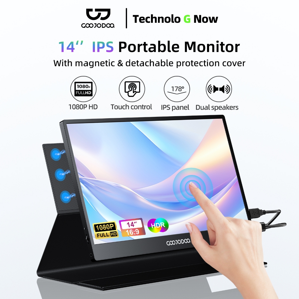 GOOJODOQ จอภาพแบบพกพาขนาด 14 นิ้วหน้าจอสัมผัส 10 จุด 1920x1080p แผง IPS 2-in-1 ฝาครอบแม่เหล็กและขาตั้ง
