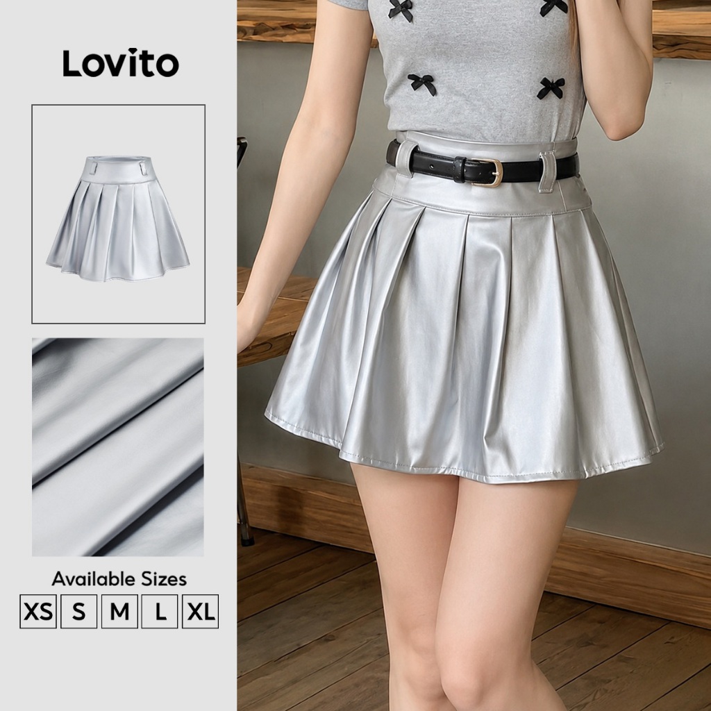 Lovito กระโปรงพลีทหรูหรา ทุกฤดูกาล กระโปรงเงิน สำหรับผู้หญิง L159AD010