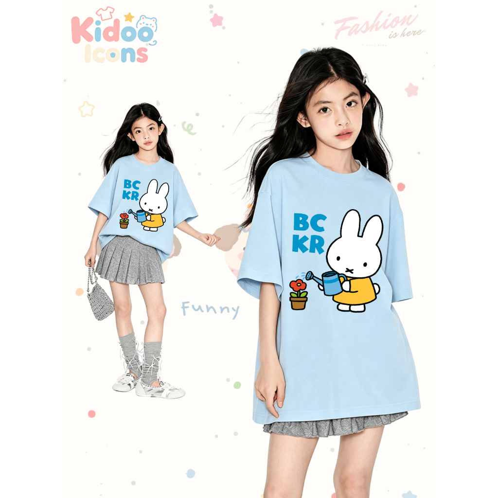 KIDOO ICONS เสื้อยืดเด็กผู้หญิงคอกลมฤดูร้อน สไตล์ลำลองทรงหลวม ลายสกรีนเมโลดี้ เนื้อนุ่มยืดหยุ่น ผ้าฝ้าย100%#A01+5566