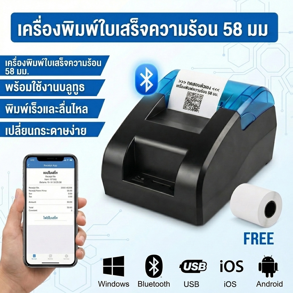 เครื่องปริ้นใบเสร็จ 58mm เครื่องพิมพ์ใบเสร็จความร้อนมินิ เชื่อมต่อ USB+บลูทูธ เครื่องพิมพ์ POS สำหรับร้านค้าและแคชเชียร์