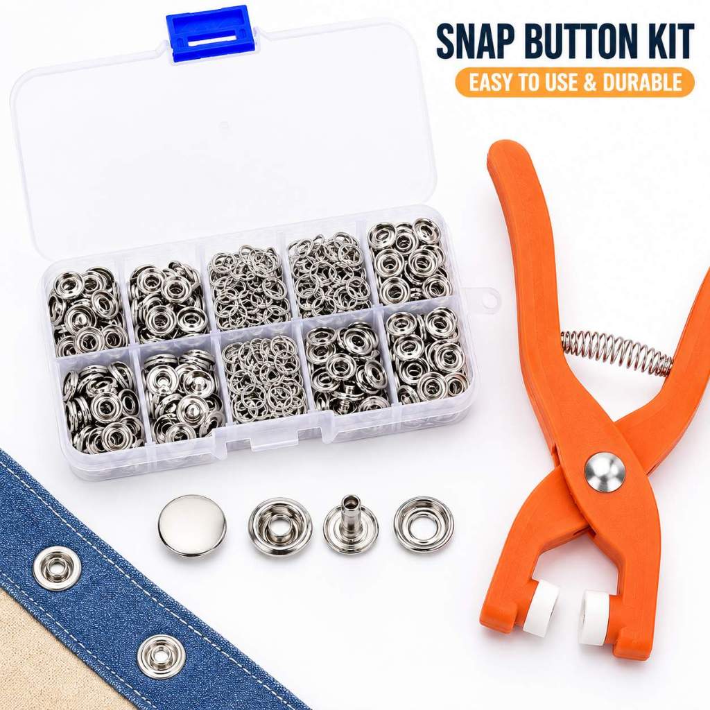 201PCS Snap ปุ่มชุดคีมสแตนเลสกด Fastener เครื่องมือโลหะ Snap ปุ่มสําหรับเสื้อผ้ากระเป๋าหมวก DIY เย็บซ่อม