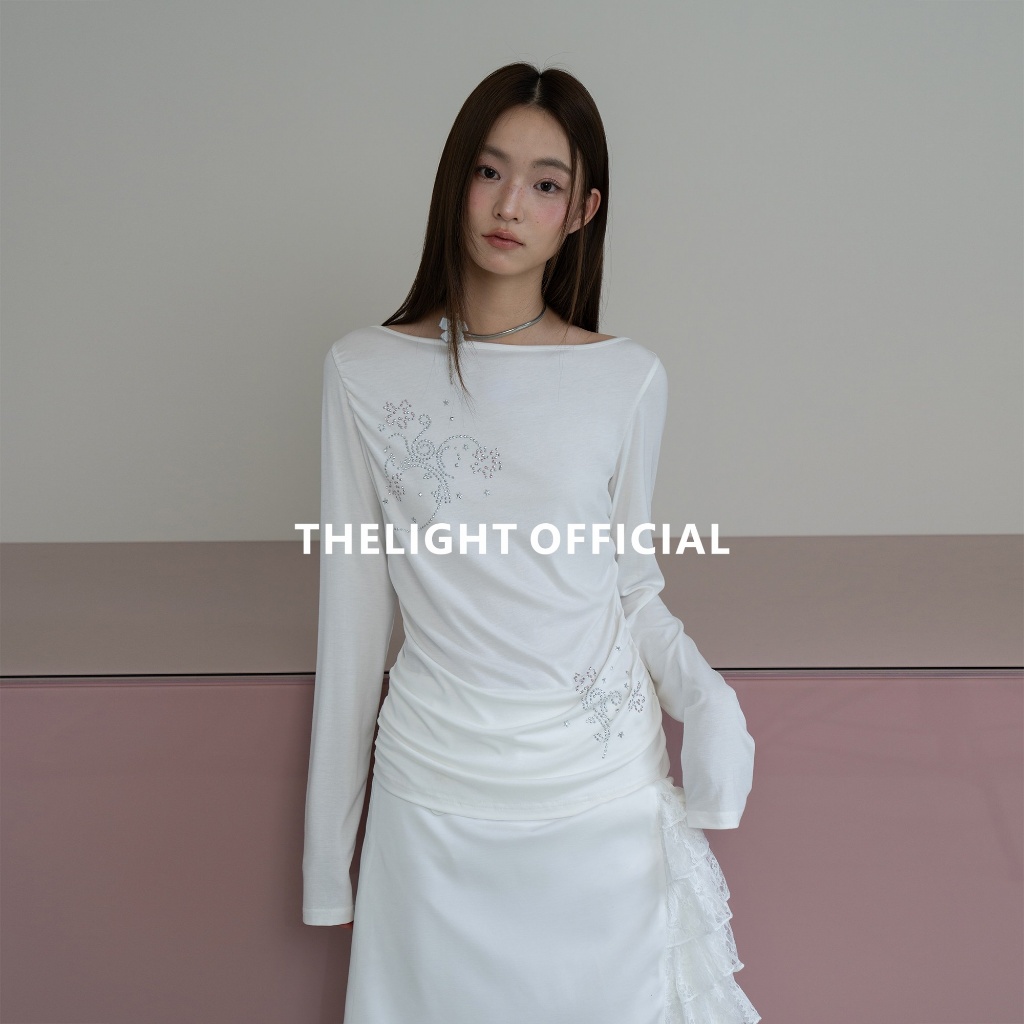 THELIGHT เสื้อยืดแขนยาวผู้หญิง ผ้าไลเซลเย็นสบาย ลายเพชรสวยงาม สีขาว เสื้อกันแดด — صورة 4