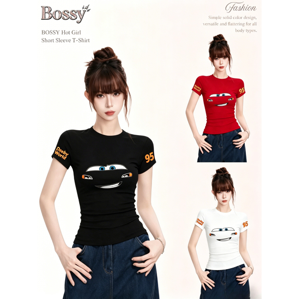 BOSSY เสื้อยืดลำลองผู้หญิง พิมพ์ลายหน้ายิ้มสุดน่ารักสไตล์สาวอเมริกัน ทรงเข้ารูป ผ้าฝ้าย 100%#E+2645