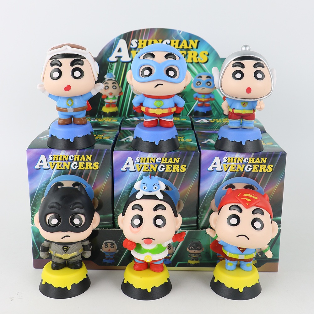 6 ชิ้น/เซ็ต 8-9 ซม.อะนิเมะ Crayon Shin-chan คอสเพลย์ Avengers Batman Superman รุ่น Q PVC Action Figure เดสก์ท็อปตกแต่งตุ๊กตาของเล่น
