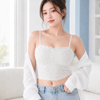 Qiaoaiti เสื้อกล้ามลูกไม้ เสื้อสายเดี่ยว บราสายเดี่ยว เสื้อครอป สายเดี่ยว มีฟองน้ำในตัว ผ้าไอซ์ซิลค์ ใส่สบาย