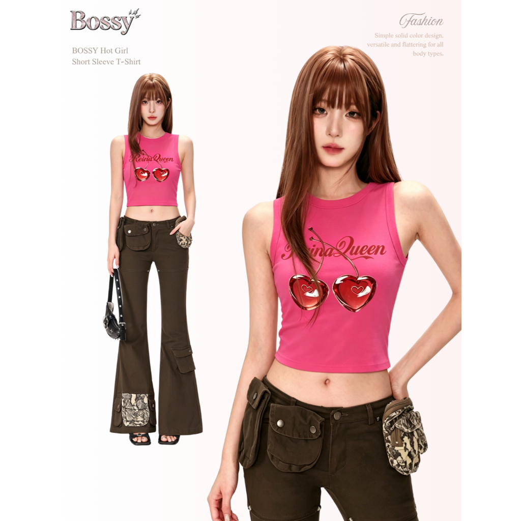 BOSSY เสื้อกล้ามสาวแซ่บสไตล์อเมริกันวินเทจ ลายสกรีนตัวอักษรเชอร์รี่ ผ้าฝ้าย 100%#C+5483