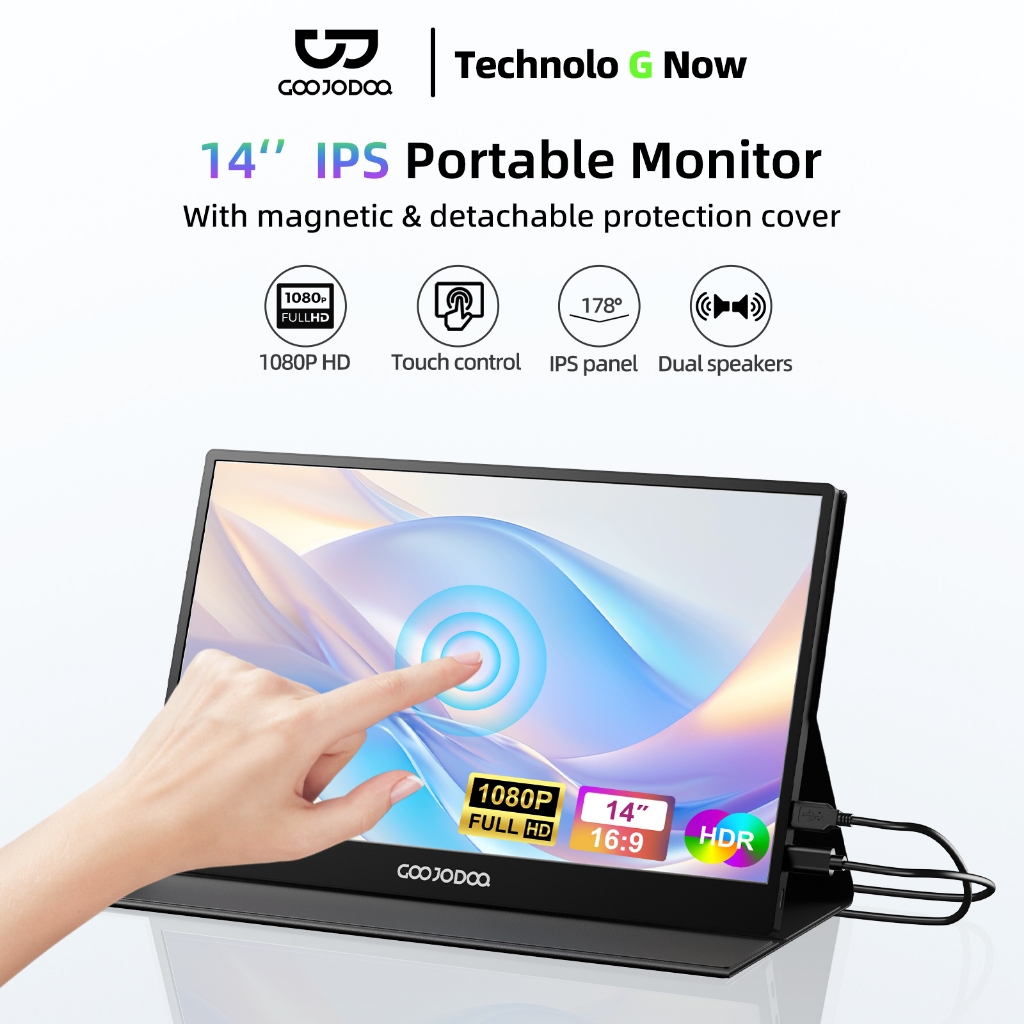 GOOJODOQ 14 นิ้ว Minitor แบบพกพา 2-in-1 Magnetic Cover & Stand 10 จุดหน้าจอสัมผัส Fantastic Visual และ Auditory