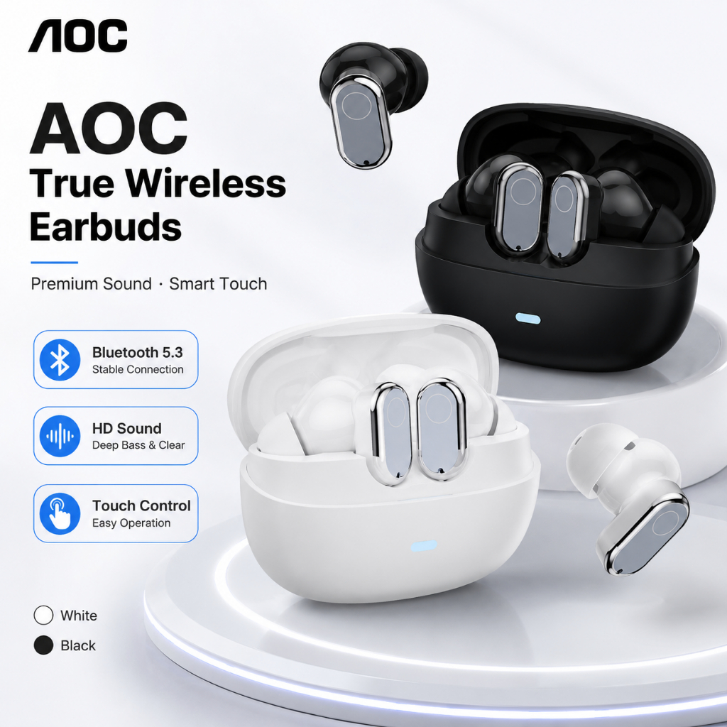 AOC หูฟังบลูทูธ หูฟังไร้สาย 5.3 หูฟังไร้สาย In-Ear เบสหนัก เสียงดี สำหรับฟังเพลง เล่นเกม คุยโทรศัพท์ชัด ENC Noise Reduction 24H