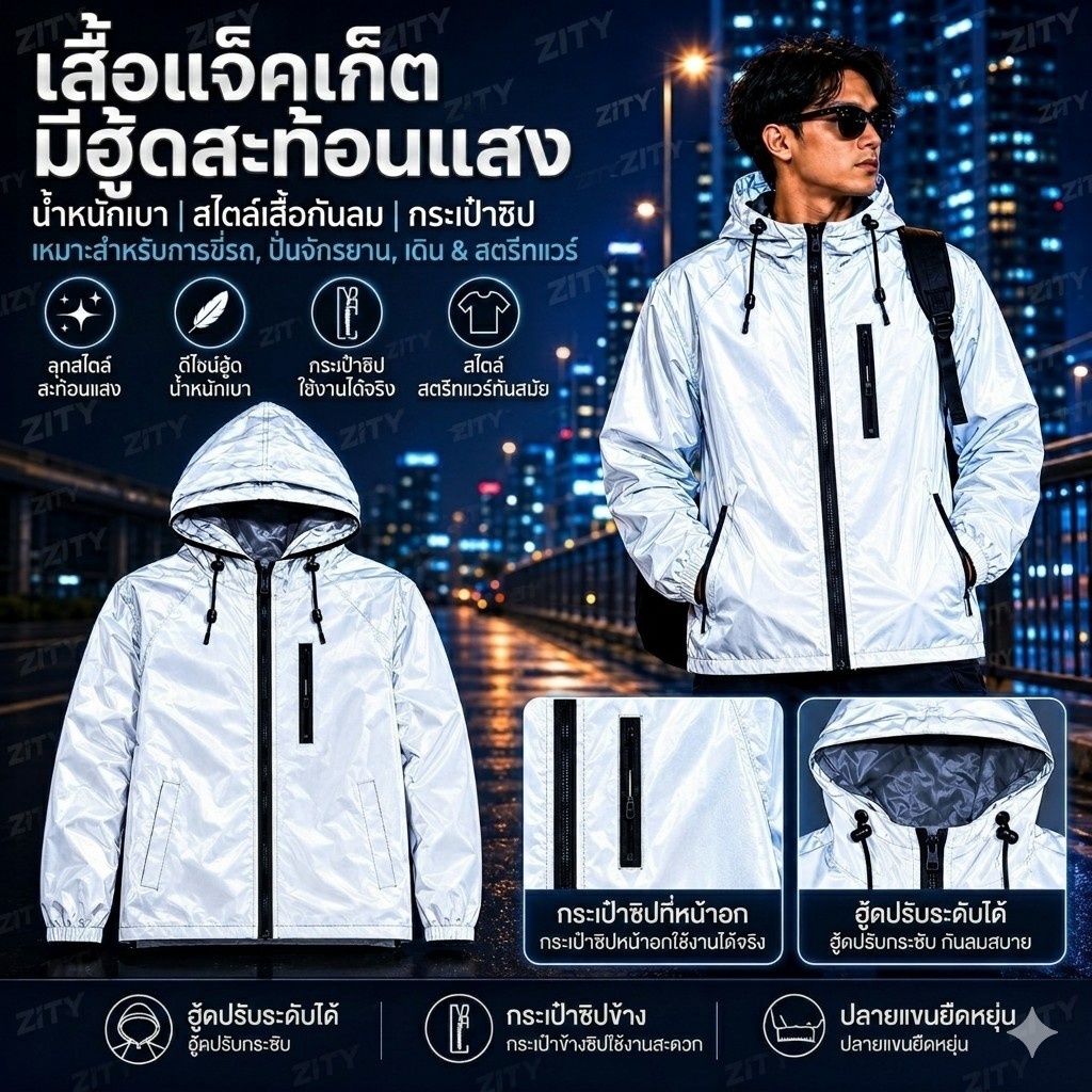 ZITY เสื้อแจ็คเก็ตกลางแจ้งมีฮู้ด สไตล์สะท้อนแสง สำหรับเดิน ปั่นจักรยาน และขับขี่
