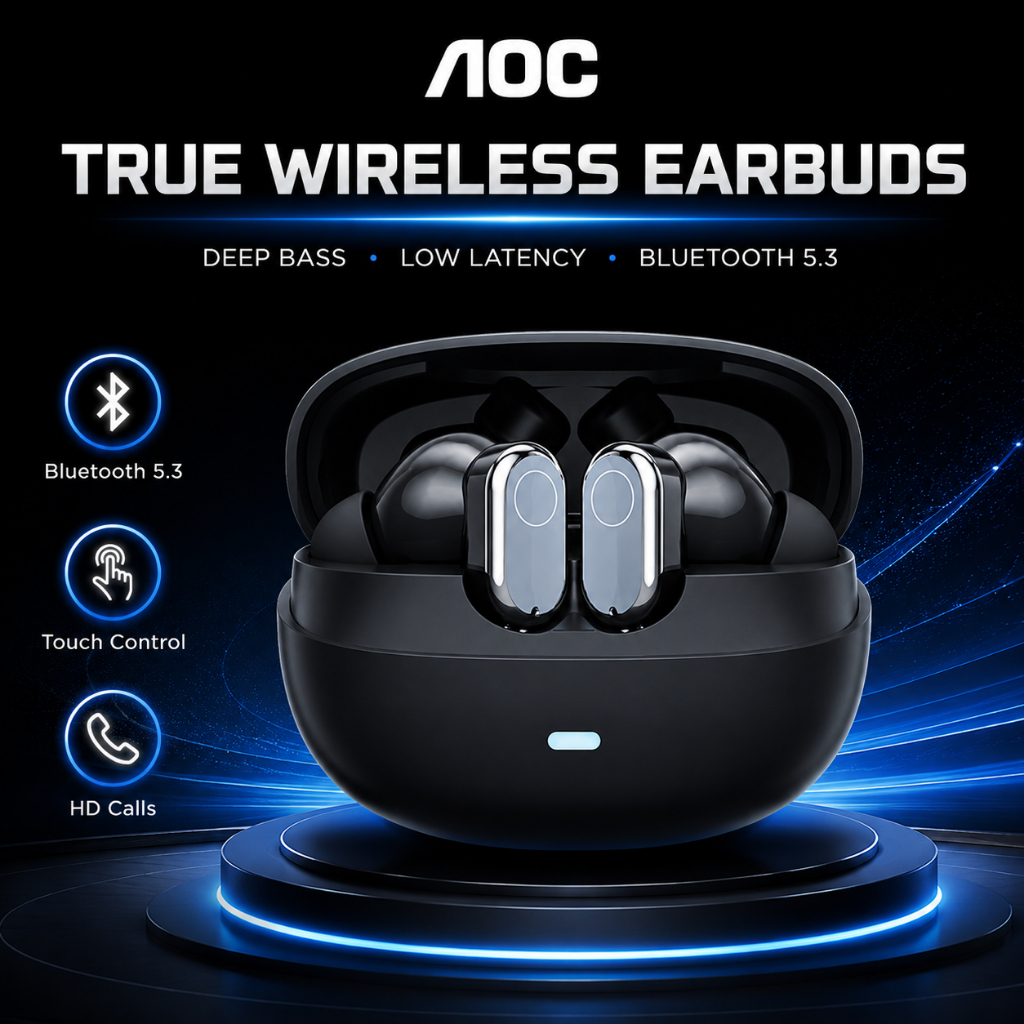 AOC หูฟังบลูทูธ หูฟังไร้สาย 5.3 หูฟังไร้สาย In-Ear เบสหนัก เสียงดี สำหรับเล่นเกมไม่ดีเลย์ 60ms คุยโทรศัพท์ชัด 24H Long Battery