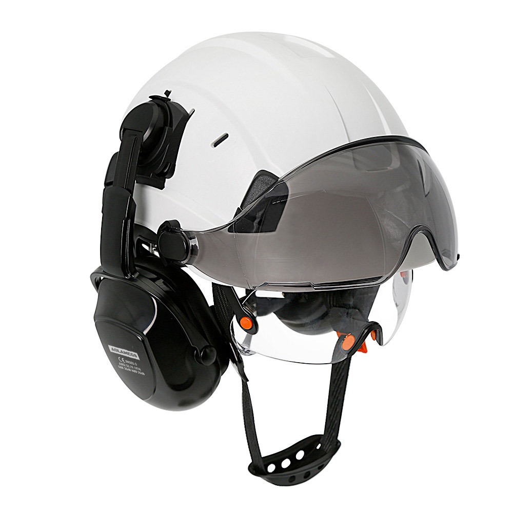 AOLAMEGS หมวกนิรภัยพร้อม Visor ในตัวแว่นตาหมวกแข็งพร้อม Earmuff ANSI CE หมวกทํางาน