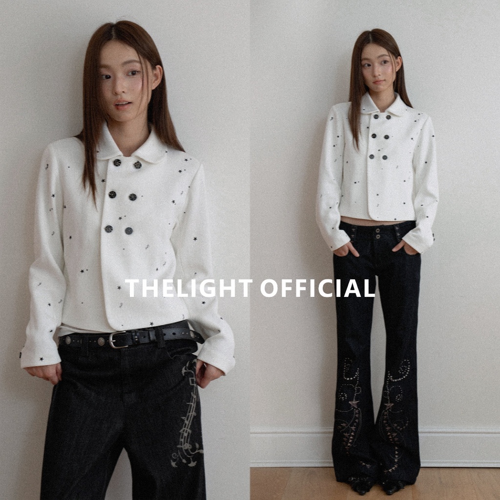THELIGHT แจ็คเก็ตผู้หญิงสีขาวลายดาว ตัวสั้นคอปกฤดูใบไม้ร่วง