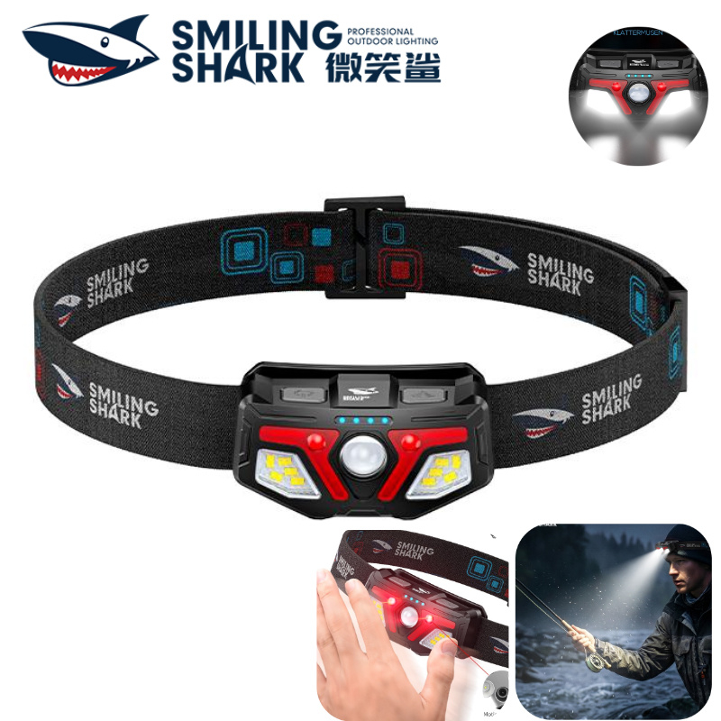 SMILING SHARK ไฟหน้าขนาดเล็กเหนี่ยวนําตกปลาโคมไฟหัวเล็ก Type-c ชาร์จ 6 โหมดสีขาวแสงสีแดงกันน้ํา ไฟกลางคืนตกปลากลางแจ้ง TD0311