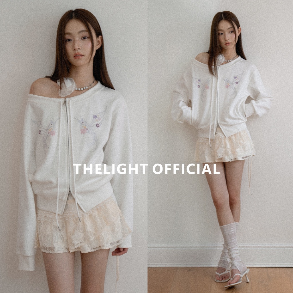 THELIGHT - เสื้อแจ็คเก็ตสเวตเตอร์ผู้หญิงสีขาว แบบซิปหน้า ลายปักผีเสื้อและดอกไม้ แฟชั่นเกาหลี ใส่สบาย