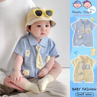 ฤดูร้อนใหม่เสื้อผ้าเด็กชายและหญิงสีฟ้าปกบอดี้สูทแขนสั้นผูก0-24เดือนสบายแฟชั่นการ์ตูนหมีไอศครีม ชุดรอมเปอร์ สไตล์เกาหลี