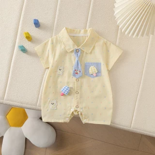 ฤดูร้อนใหม่เสื้อผ้าเด็กชายและหญิงสีฟ้าปกบอดี้สูทแขนสั้นผูก0-24เดือนสบายแฟชั่นการ์ตูนหมีไอศครีม ชุดรอมเปอร์ สไตล์เกาหลี