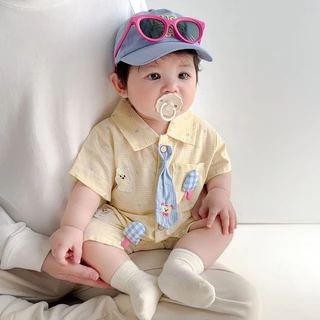 ฤดูร้อนใหม่เสื้อผ้าเด็กชายและหญิงสีฟ้าปกบอดี้สูทแขนสั้นผูก0-24เดือนสบายแฟชั่นการ์ตูนหมีไอศครีม ชุดรอมเปอร์ สไตล์เกาหลี