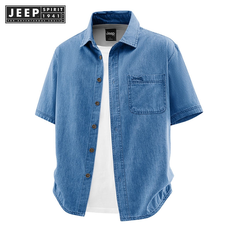 JEEP เสื้อเชิ้ตแขนสั้นเดนิมกระเป๋าเดี่ยวลําลอง