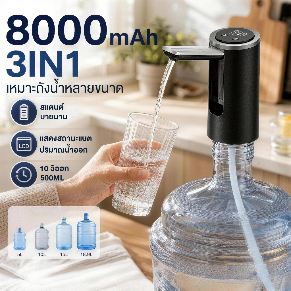 🔥ดื่มแบบปลอดเชื้อ🔥ที่กดน้ำอัตโนมัติ8000mAh ชาร์จTYPE-Cน้ำออกปุ่มเดียว ไม่เลือกประเภทถังเครื่องกดน้ำอัตโนมัติWater Pump