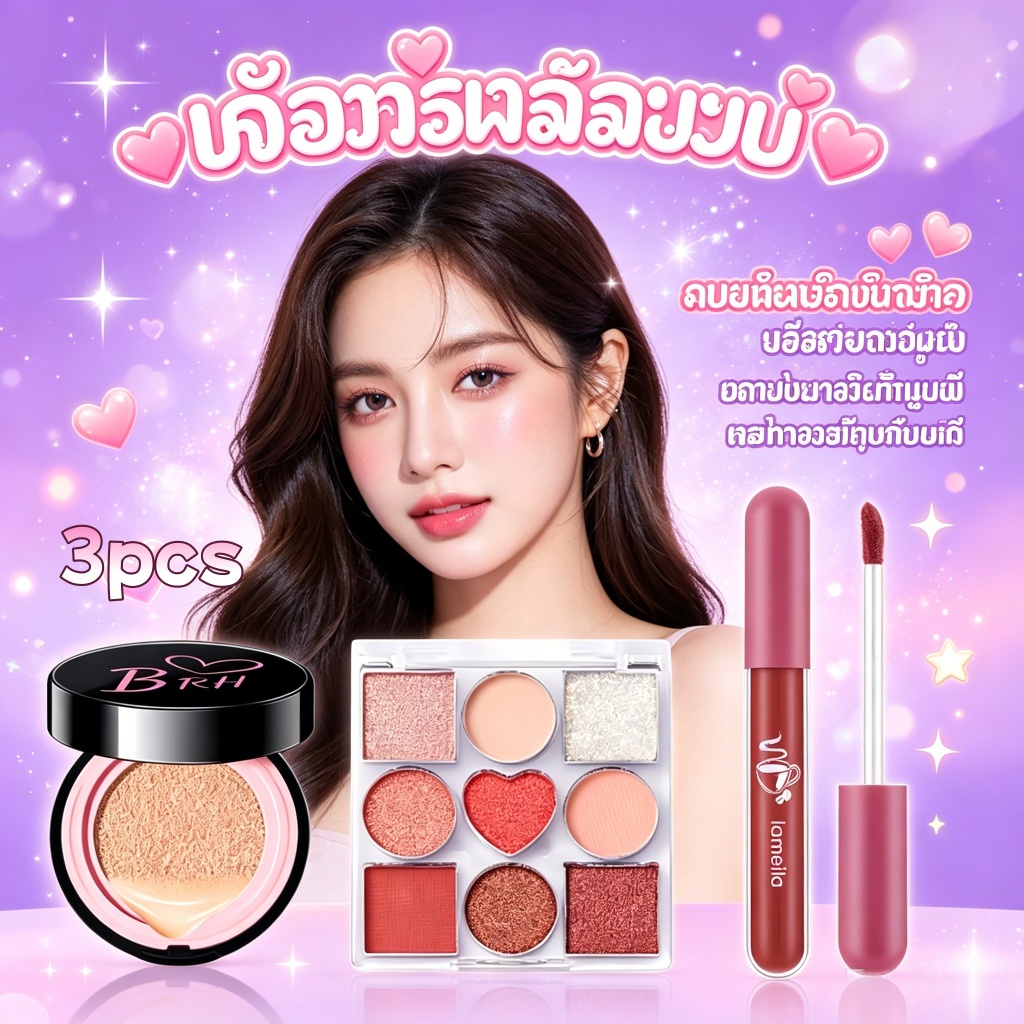 3ชิ้นแต่งหน้าชุดเบาะมูลนิธิ+9สีชิมเมอร์อายแชโดว์+ลิปกลอสเริ่มต้นเต็มใบหน้าแต่งหน้าชุด