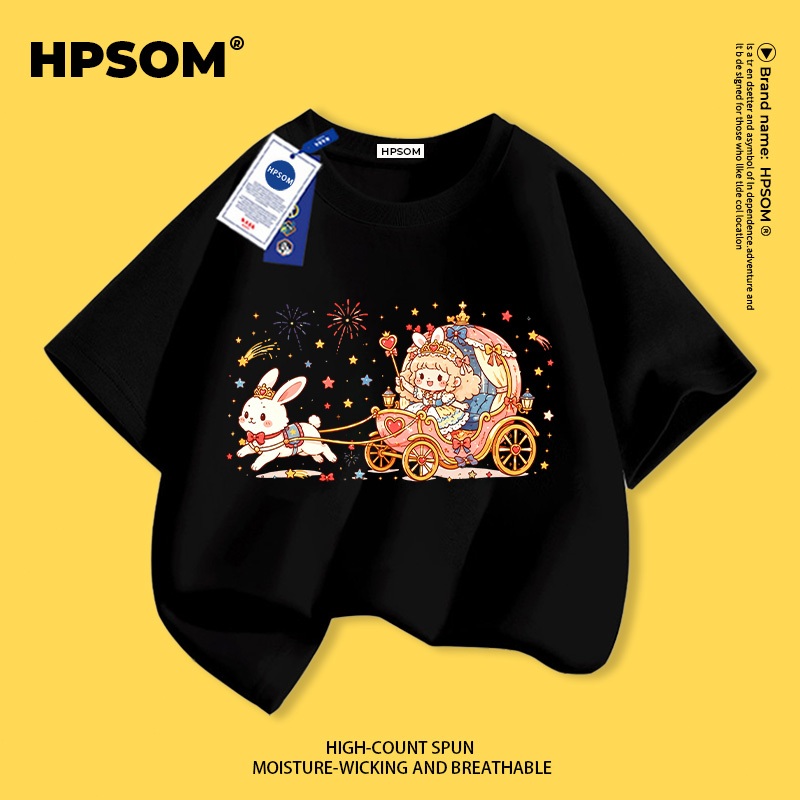 [จัดส่งภายในกทม. วันเดียว] เด็กสีดําผ้าฝ้ายแท้ระบายอากาศเสื้อยืดบรรยากาศการ์ตูนรถม้าสาวน้อย เด็กๆชอบ ลายน่ารัก 3-16 ปีหลวมสบายๆแขนสั้น