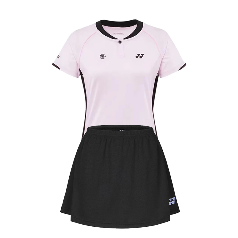 เสื้อกีฬาระบายอากาศสีชมพูกับกระโปรงท็อปส์สำหรับเล่นแบดมินตันของผู้หญิง